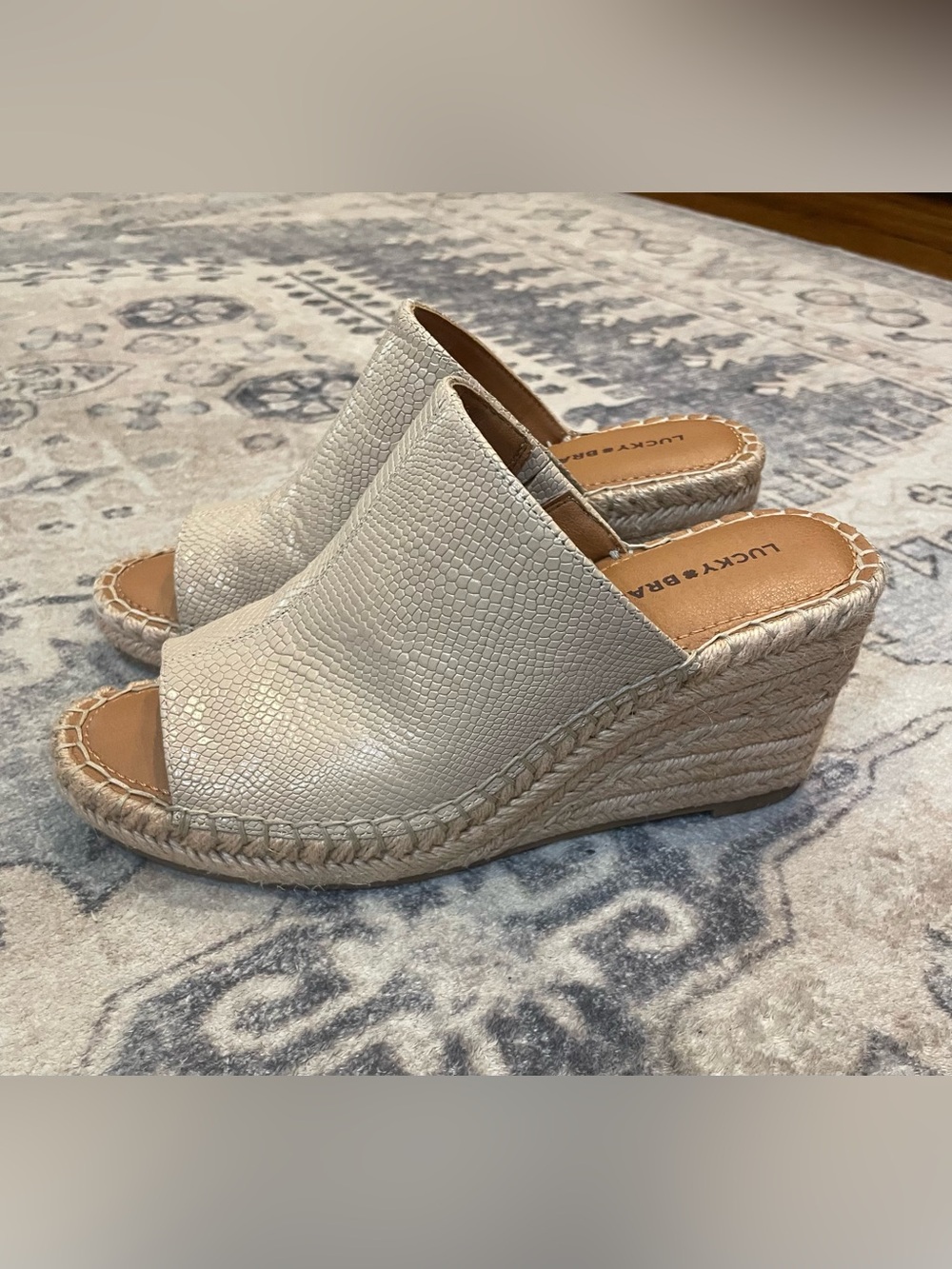 Lucky Brand Cream Textured Espadrille Wedge Mules